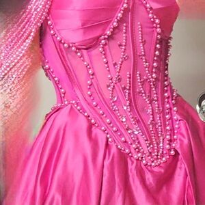 Pink Satin Corset Dress with Pearl Details